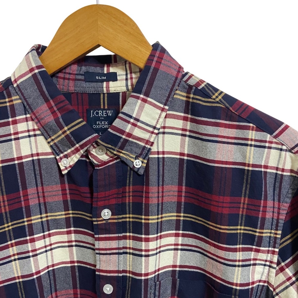 J.Crew Mens Flex Oxford Slim Fit Plaid Button Down Shirt Navy Burgundy Large‎